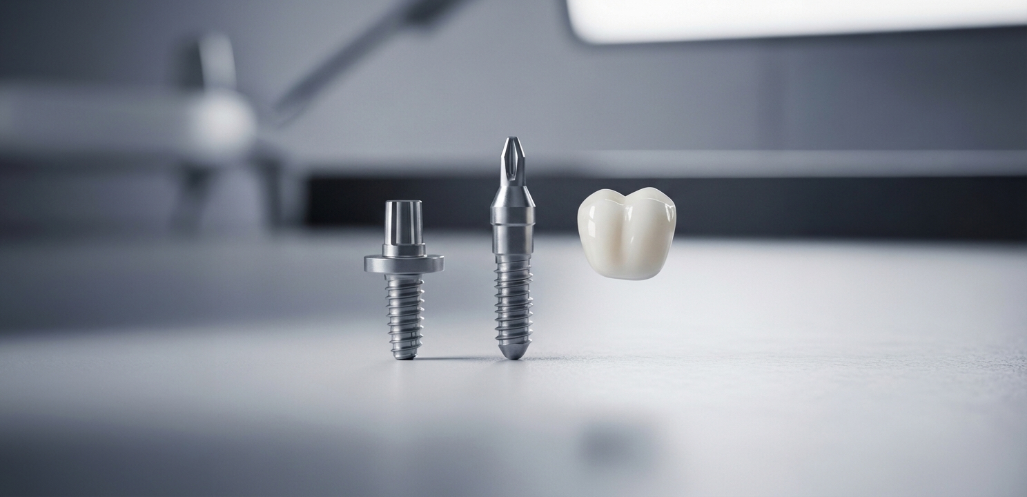 Zahnimplantate Schweiz zeigen die drei Hauptkomponenten: Implantat, Abutment und die sichtbare Krone.