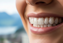 Eine Nahaufnahme eines strahlenden, gesunden Lächelns mit perfekt ausgerichteten Zähnen. Ein transparentes, kaum sichtbares Invisalign-Aligner ist subtil auf den oberen Zähnen platziert. Im unscharfen Hintergrund ist schemenhaft eine moderne Schweizer Stadtlandschaft oder Berglandschaft erkennbar.