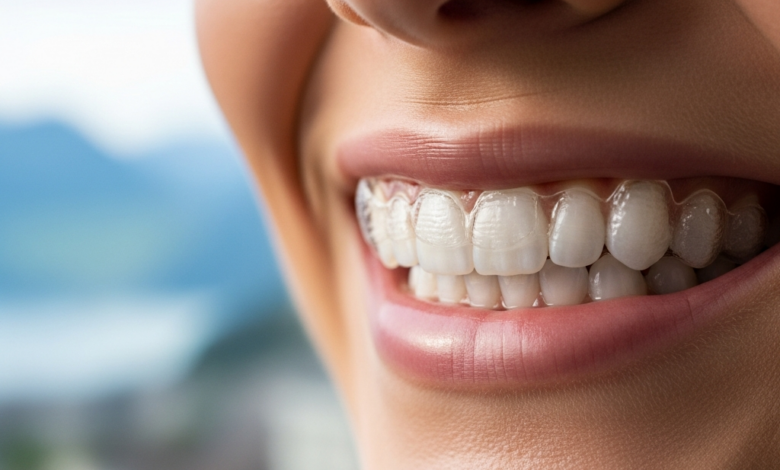 Eine Nahaufnahme eines strahlenden, gesunden Lächelns mit perfekt ausgerichteten Zähnen. Ein transparentes, kaum sichtbares Invisalign-Aligner ist subtil auf den oberen Zähnen platziert. Im unscharfen Hintergrund ist schemenhaft eine moderne Schweizer Stadtlandschaft oder Berglandschaft erkennbar.