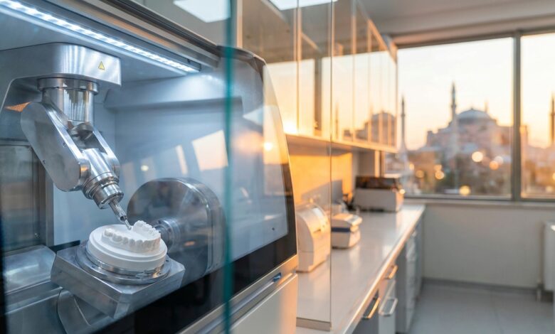 Ein hochmodernes zahntechnisches Labor mit einer CAD/CAM-Fräsmaschine im Vordergrund, durch dessen Fenster man eine verschwommene, sonnige Aussicht auf die Skyline von Istanbul in der Türkei sieht.