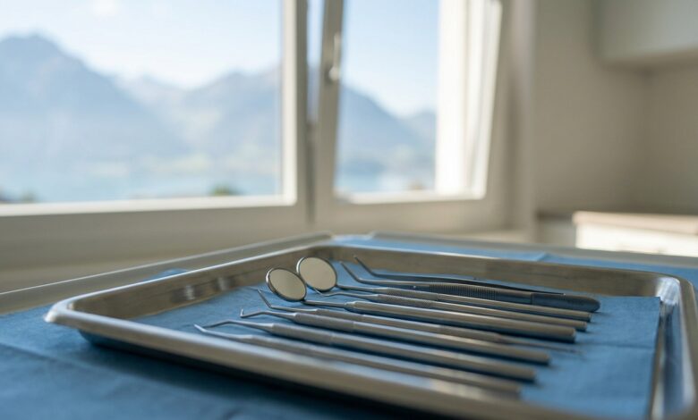 Eine Nahaufnahme von sterilen zahnärztlichen Instrumenten auf einem Tablett in einer modernen Praxis. Im unscharfen Hintergrund ist durch ein Fenster eine ruhige Landschaft der Schweizer Alpen zu sehen.
