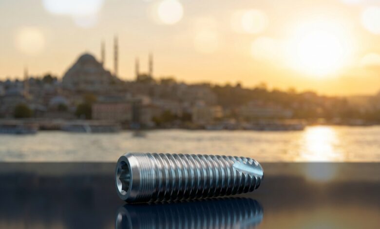 Ein einzelnes, sauberes Titan-Zahnimplantat im Vordergrund mit einer unscharfen, sonnigen Ansicht der Istanbuler Skyline und des Bosporus im Hintergrund.