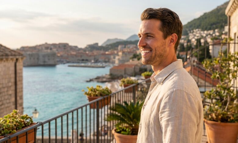 Ein glücklicher Mann mittleren Alters mit einem perfekten weißen Lächeln auf einem Hotelbalkon, im unscharfen Hintergrund die sonnige Küste der Türkei.