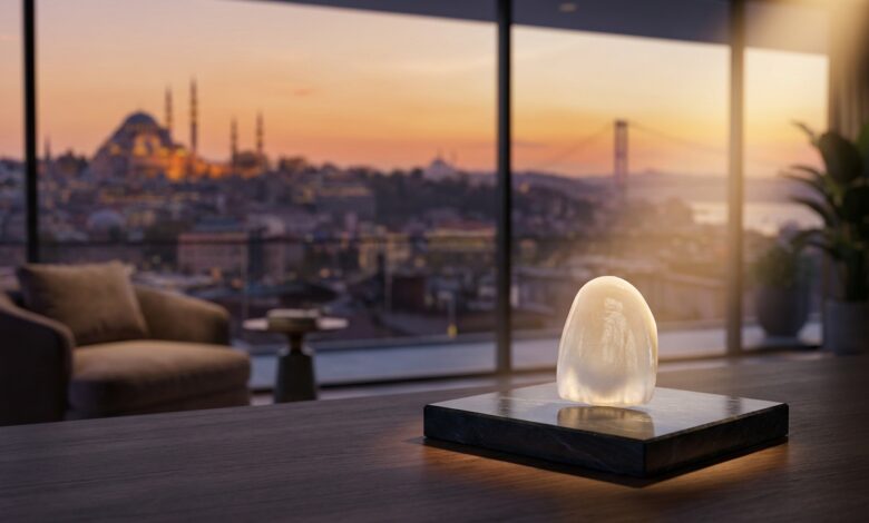 Eine einzelne, perfekte Zahnverblendschale aus Keramik im scharfen Fokus, im Hintergrund eine unscharfe, goldene Ansicht der Istanbuler Skyline bei Sonnenuntergang, die Medizintourismus darstellt.