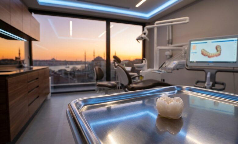 Eine fotorealistische Nahaufnahme einer perfekten Keramik-Zahnkrone in einem hochmodernen zahnmedizinischen Labor. Im unscharfen Hintergrund ist durch ein grosses Fenster die sonnige Skyline von Istanbul zu sehen, was das Thema Medizintourismus für Zahnimplantate visualisiert.