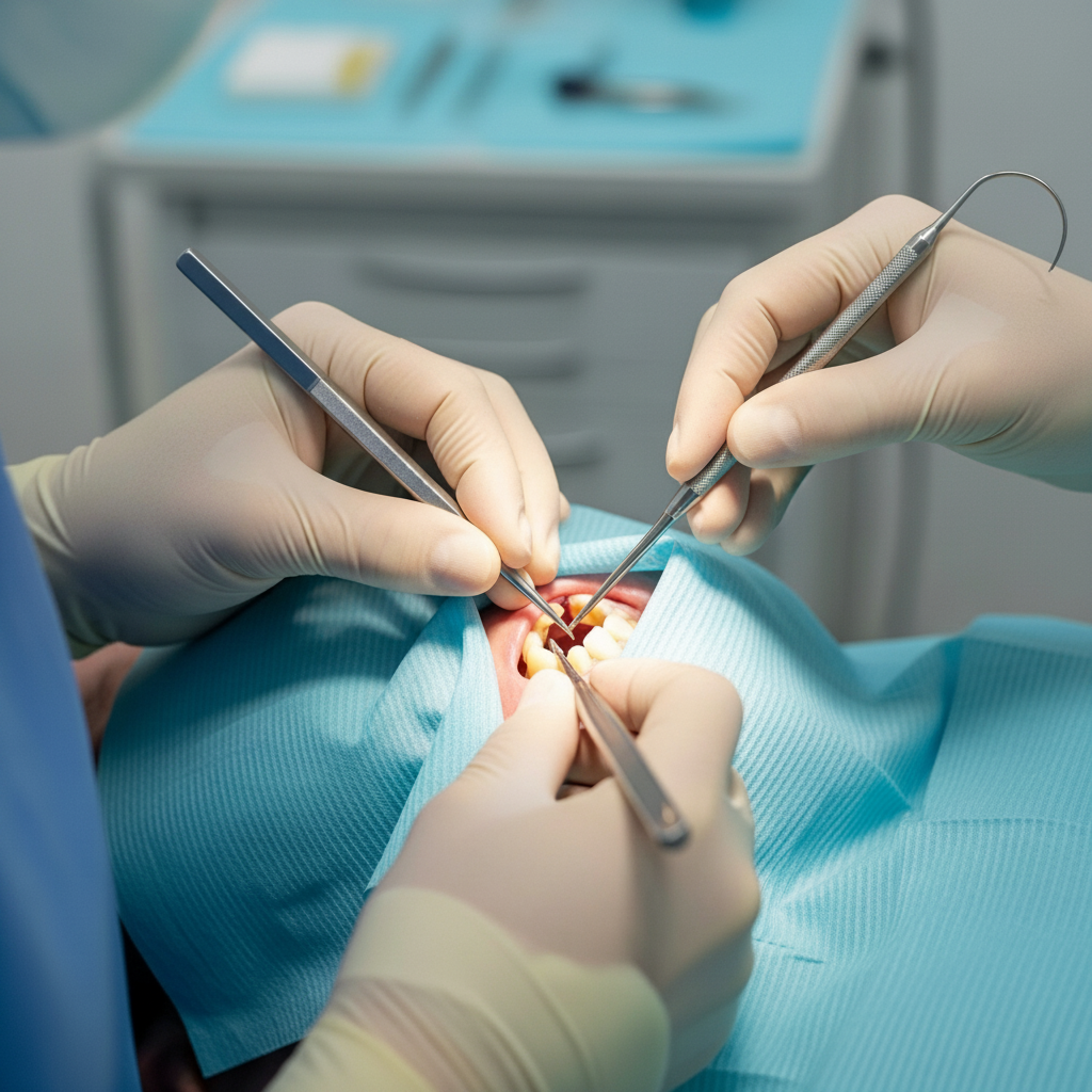 Weisheitszahn Entfernung Schweiz: Ein Oralchirurg führt einen präzisen chirurgischen Eingriff zur Entfernung eines Weisheitszahns durch.