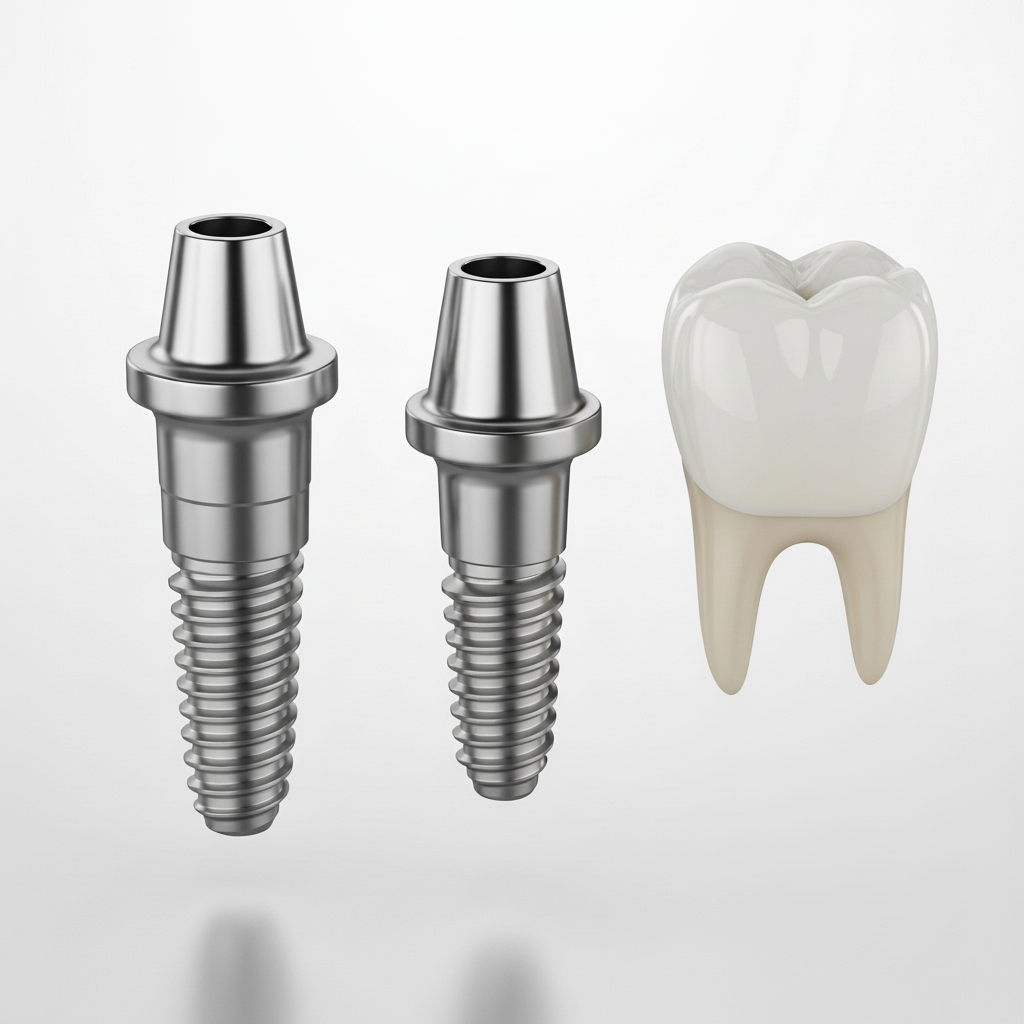 Zahnimplantat-Anatomie: Schraube, Abutment, Krone Zahnimplantat oder Brücke: Eine detaillierte Darstellung der einzelnen Komponenten eines modernen Zahnimplantats.