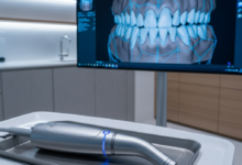 Ein fotorealistisches Bild eines modernen Intraoralscanners in einer Hightech-Zahnarztpraxis in der Schweiz. Im Hintergrund ist ein unscharfer Bildschirm mit einem komplexen 3D-Modell von Zähnen und Zahnfleisch zu sehen, was digitale Diagnose und CAD/CAM-Planung symbolisiert. Die Umgebung ist sauber, präzise und spiegelt schweizerische Qualitätsstandards wider.