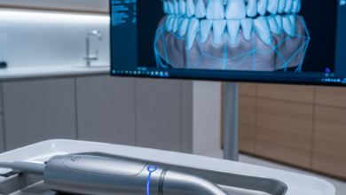 Ein fotorealistisches Bild eines modernen Intraoralscanners in einer Hightech-Zahnarztpraxis in der Schweiz. Im Hintergrund ist ein unscharfer Bildschirm mit einem komplexen 3D-Modell von Zähnen und Zahnfleisch zu sehen, was digitale Diagnose und CAD/CAM-Planung symbolisiert. Die Umgebung ist sauber, präzise und spiegelt schweizerische Qualitätsstandards wider.