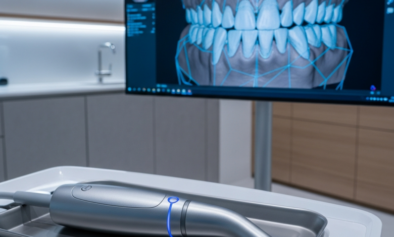 Ein fotorealistisches Bild eines modernen Intraoralscanners in einer Hightech-Zahnarztpraxis in der Schweiz. Im Hintergrund ist ein unscharfer Bildschirm mit einem komplexen 3D-Modell von Zähnen und Zahnfleisch zu sehen, was digitale Diagnose und CAD/CAM-Planung symbolisiert. Die Umgebung ist sauber, präzise und spiegelt schweizerische Qualitätsstandards wider.