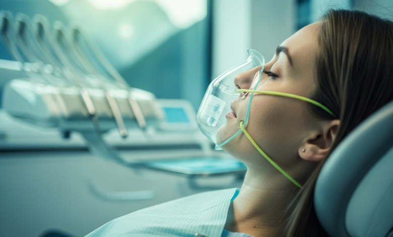 Nahaufnahme eines Patienten in einem modernen Zahnarztstuhl, der tief entspannt und ruhig wirkt. Eine subtile Andeutung einer Sedierungsmethode (z.B. Nasenmaske oder IV-Zugang) ist erkennbar. Der Hintergrund zeigt eine saubere, moderne Zahnklinik mit einem verschwommenen Ausblick auf eine Schweizer Landschaft. Sanfte, kühle Beleuchtung. Keine Schrift.