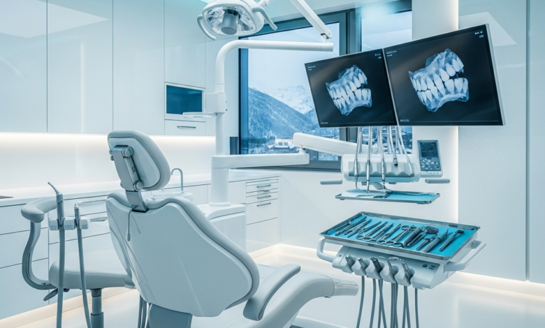 Eine hochmoderne Zahnklinik in der Schweiz mit fortschrittlicher Technologie, einem ergonomischen Zahnarztstuhl, digitalen Bildschirmen mit unlesbaren 3D-Scans und sauberen Präzisionsinstrumenten, die die höchste Qualität der zahnmedizinischen Versorgung repräsentieren.