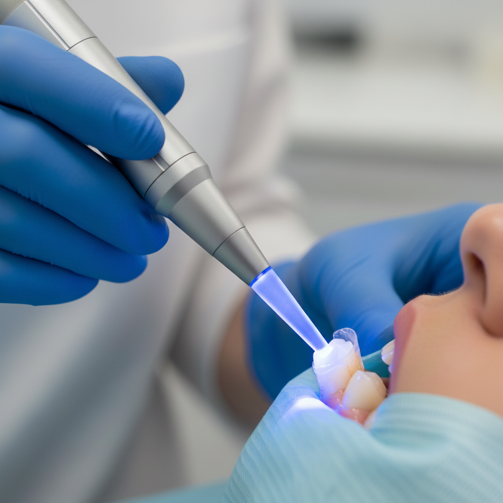 Composite Bonding Cost Switzerland: Dentist curing tooth-colored resin on a patient's tooth, a vital step.