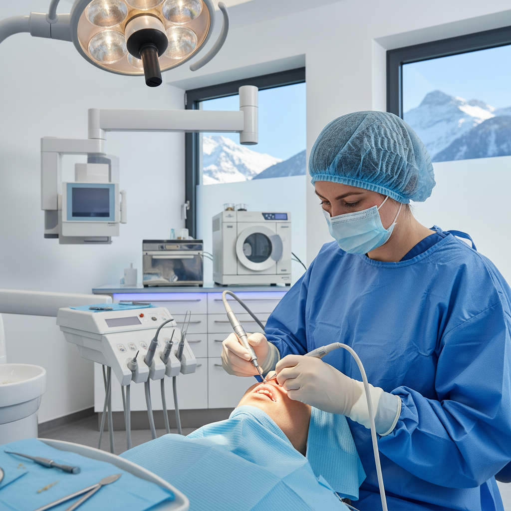Dental Implant Procedure Switzerland: A skilled surgeon precisely places a titanium implant post into the jawbone.
