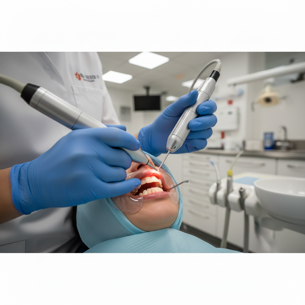 Gum Contouring Cost Switzerland: A precise dental laser reshapes a patient's gum line in a Swiss clinic.