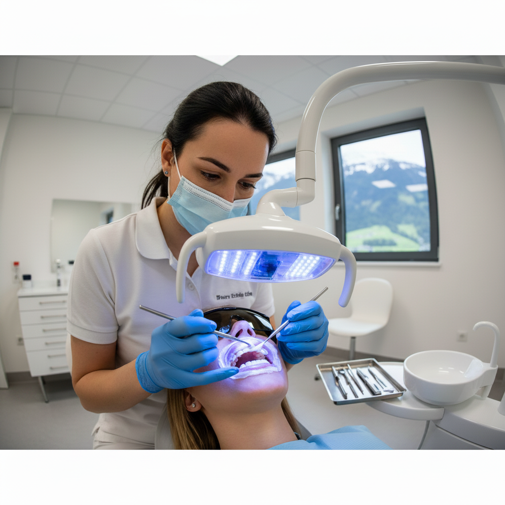 Teeth Whitening Cost Switzerland, showing a dentist performing an in-office professional whitening procedure with a specialized light.