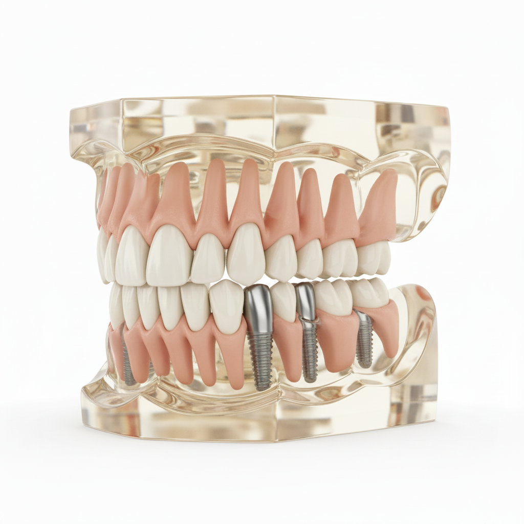 Four dental implants supporting full prosthetic arch All-on-4 Dental Implants Switzerland demonstrate a full arch prosthetic bridge secured on four implants
