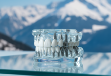A gleaming, highly detailed full arch dental implant prosthesis in the foreground, symbolizing precision and advanced dentistry. In the soft-focus background, majestic, snow-capped Swiss Alps are visible under a clear blue sky, conveying a sense of quality and the specific location.