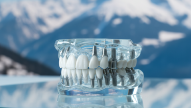 A gleaming, highly detailed full arch dental implant prosthesis in the foreground, symbolizing precision and advanced dentistry. In the soft-focus background, majestic, snow-capped Swiss Alps are visible under a clear blue sky, conveying a sense of quality and the specific location.