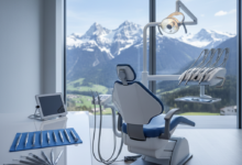 A photorealistic, ultra-detailed image of a pristine, modern dental examination room. A high-tech white dental chair is central, with a clean counter displaying generic polished dental instruments. Through a large window in the background, a softly blurred view of majestic Swiss mountains with snow-capped peaks is visible, conveying the location. The lighting is bright and clean, emphasizing quality and professionalism, with a shallow depth of field. There is absolutely no text, numbers, or branding visible.