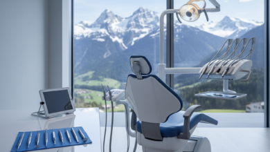 A photorealistic, ultra-detailed image of a pristine, modern dental examination room. A high-tech white dental chair is central, with a clean counter displaying generic polished dental instruments. Through a large window in the background, a softly blurred view of majestic Swiss mountains with snow-capped peaks is visible, conveying the location. The lighting is bright and clean, emphasizing quality and professionalism, with a shallow depth of field. There is absolutely no text, numbers, or branding visible.