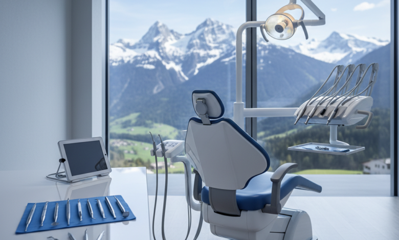 A photorealistic, ultra-detailed image of a pristine, modern dental examination room. A high-tech white dental chair is central, with a clean counter displaying generic polished dental instruments. Through a large window in the background, a softly blurred view of majestic Swiss mountains with snow-capped peaks is visible, conveying the location. The lighting is bright and clean, emphasizing quality and professionalism, with a shallow depth of field. There is absolutely no text, numbers, or branding visible.