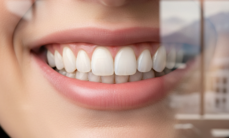 Close-up of a bright, healthy, and natural-looking smile with perfectly contoured teeth, symbolizing successful composite bonding. The background is softly blurred, hinting at a modern, high-end dental clinic setting in Switzerland. No visible text or branding.