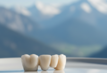 A close-up, photorealistic image of a sparkling white ceramic dental bridge resting on a sterile surface. The background is a highly blurred, out-of-focus view of the majestic Swiss Alps under a bright, clear sky. The focus is sharp on the dental bridge, highlighting its intricate detail and quality.