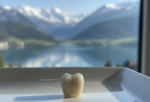Close-up of a perfect zirconia dental crown on a clean surface with a blurred Swiss mountain and lake landscape in the background, representing dental care costs in Switzerland.
