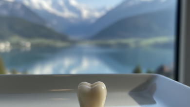Close-up of a perfect zirconia dental crown on a clean surface with a blurred Swiss mountain and lake landscape in the background, representing dental care costs in Switzerland.