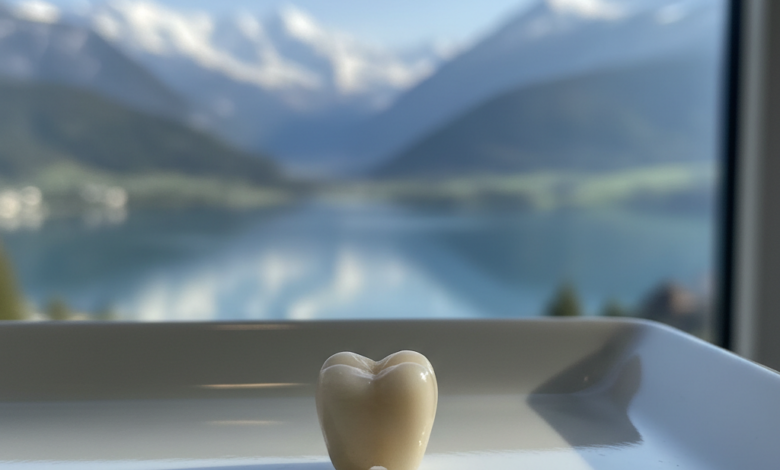 Close-up of a perfect zirconia dental crown on a clean surface with a blurred Swiss mountain and lake landscape in the background, representing dental care costs in Switzerland.