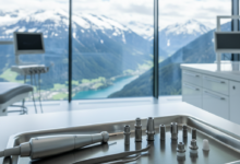 A close-up, photorealistic image of sterile dental implant instruments on a tray in a modern Swiss dental clinic, with a blurred view of the majestic Swiss Alps visible through a large window in the background.