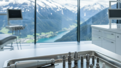 A close-up, photorealistic image of sterile dental implant instruments on a tray in a modern Swiss dental clinic, with a blurred view of the majestic Swiss Alps visible through a large window in the background.