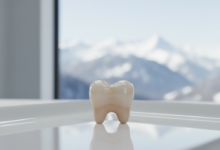 A close-up, photorealistic image of a perfectly crafted, pristine white ceramic dental crown resting on a sterile, reflective surface. The background is a softly blurred view of a modern dental clinic interior with a distant, out-of-focus view of snow-capped mountains through a window, signifying Switzerland.