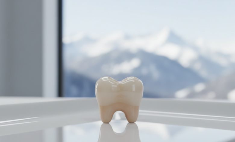 A close-up, photorealistic image of a perfectly crafted, pristine white ceramic dental crown resting on a sterile, reflective surface. The background is a softly blurred view of a modern dental clinic interior with a distant, out-of-focus view of snow-capped mountains through a window, signifying Switzerland.