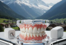 Conceptual image of perfectly aligned, gleaming white teeth, representing full mouth dental implants, set against a softly blurred backdrop of the Swiss Alps with snow-capped peaks and a hint of an alpine village.