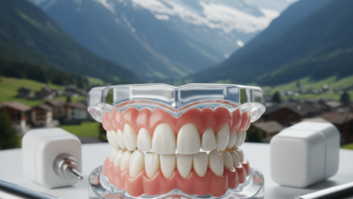 Conceptual image of perfectly aligned, gleaming white teeth, representing full mouth dental implants, set against a softly blurred backdrop of the Swiss Alps with snow-capped peaks and a hint of an alpine village.
