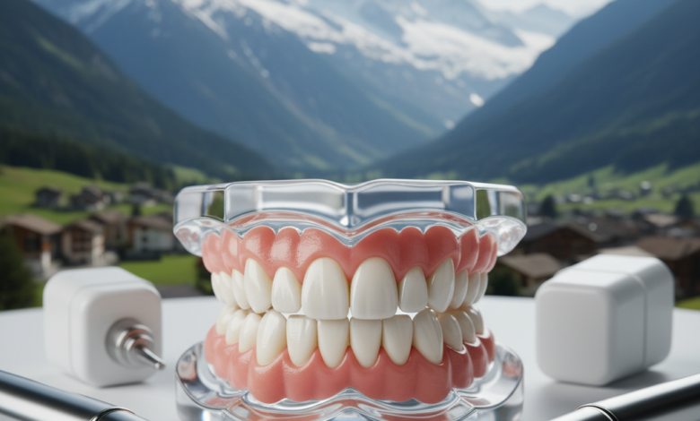 Conceptual image of perfectly aligned, gleaming white teeth, representing full mouth dental implants, set against a softly blurred backdrop of the Swiss Alps with snow-capped peaks and a hint of an alpine village.
