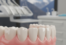 Close-up image of a perfectly contoured, healthy gum line around bright, clean teeth. The background is a soft blur of a modern dental clinic interior with a distant, out-of-focus mountain view.