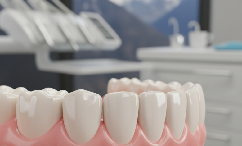 Close-up image of a perfectly contoured, healthy gum line around bright, clean teeth. The background is a soft blur of a modern dental clinic interior with a distant, out-of-focus mountain view.