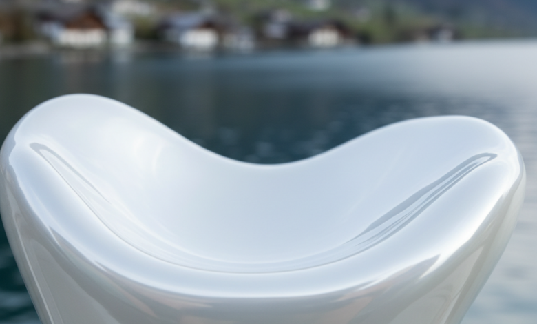 A pristine, abstract white surface, perfectly smooth and curved to suggest dental precision and aesthetic beauty, against a soft-focus background of a traditional Swiss village and a tranquil lake surrounded by mountains.