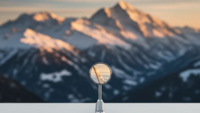 A close-up, sharp-focus shot of a modern, sterile dental mirror resting on a clean surface. In the soft, out-of-focus background, the majestic, snow-capped peaks of the Swiss Alps are visible under warm, cinematic lighting.