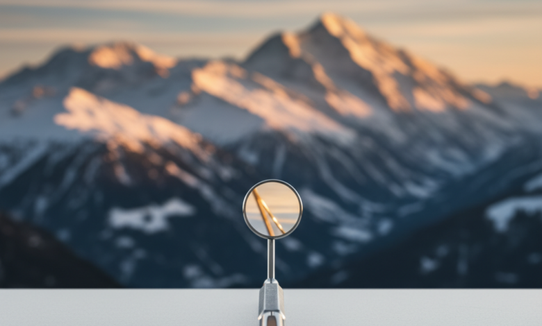 A close-up, sharp-focus shot of a modern, sterile dental mirror resting on a clean surface. In the soft, out-of-focus background, the majestic, snow-capped peaks of the Swiss Alps are visible under warm, cinematic lighting.