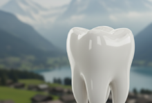 A close-up, photorealistic image of a healthy, clean molar tooth in sharp focus, with a blurred backdrop of majestic Swiss mountains and an alpine village. The lighting is bright and clean, emphasizing dental precision.