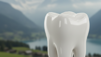 A close-up, photorealistic image of a healthy, clean molar tooth in sharp focus, with a blurred backdrop of majestic Swiss mountains and an alpine village. The lighting is bright and clean, emphasizing dental precision.