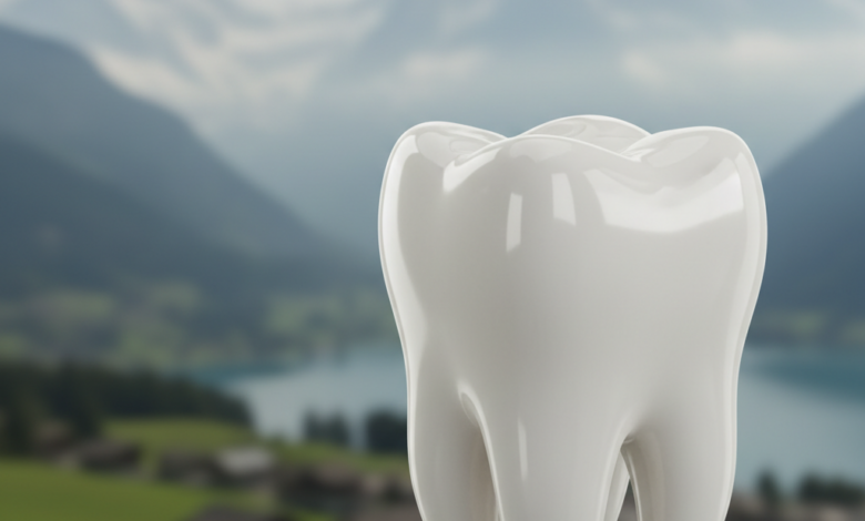 A close-up, photorealistic image of a healthy, clean molar tooth in sharp focus, with a blurred backdrop of majestic Swiss mountains and an alpine village. The lighting is bright and clean, emphasizing dental precision.