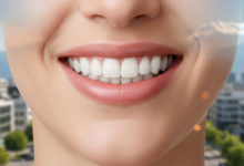 Close-up of a bright, perfectly aligned, and confident smile, with a blurred backdrop of a scenic Swiss city or mountain landscape, symbolizing high-quality dental care in Switzerland.