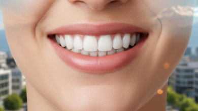 Close-up of a bright, perfectly aligned, and confident smile, with a blurred backdrop of a scenic Swiss city or mountain landscape, symbolizing high-quality dental care in Switzerland.
