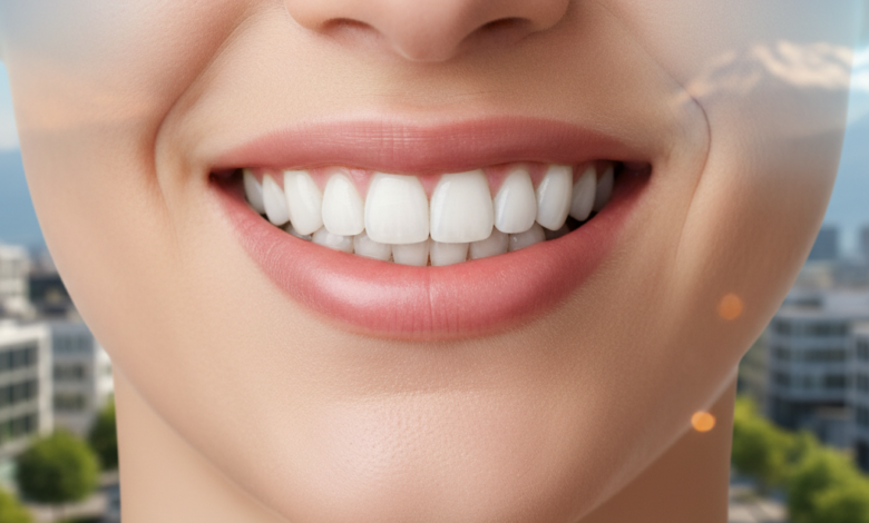 Close-up of a bright, perfectly aligned, and confident smile, with a blurred backdrop of a scenic Swiss city or mountain landscape, symbolizing high-quality dental care in Switzerland.