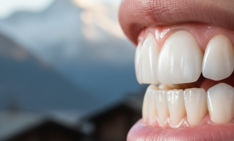 Close-up of brilliantly white, healthy human teeth with a shallow depth of field, showing a softly blurred, picturesque Swiss mountain landscape in the background.